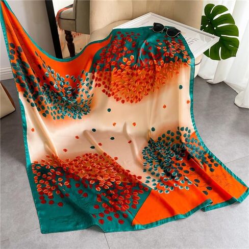 90x90cm Silk Scarf for Women Hair – Lightweight Mulberry Silk Feeling Sunscreen Shawl, Dressy Satin Printed Square Scarf with Vintage Colored Leaves Design, Perfect for Scarf Slide in Saudi Arabia