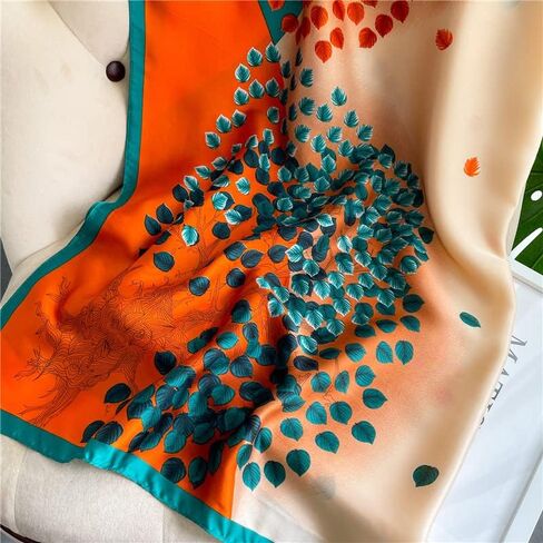90x90cm Silk Scarf for Women Hair – Lightweight Mulberry Silk Feeling Sunscreen Shawl, Dressy Satin Printed Square Scarf with Vintage Colored Leaves Design, Perfect for Scarf Slide in Saudi Arabia