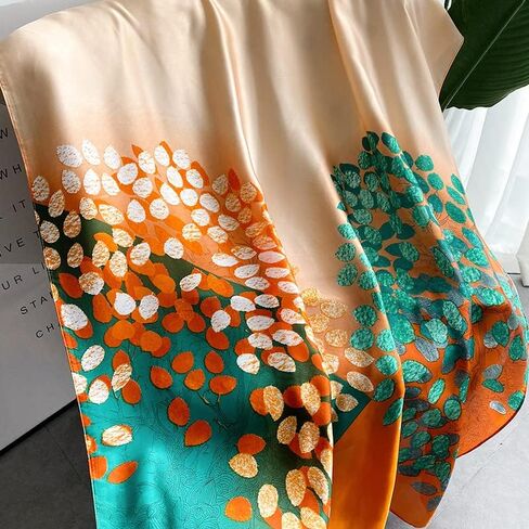 90x90cm Silk Scarf for Women Hair – Lightweight Mulberry Silk Feeling Sunscreen Shawl, Dressy Satin Printed Square Scarf with Vintage Colored Leaves Design, Perfect for Scarf Slide in Saudi Arabia