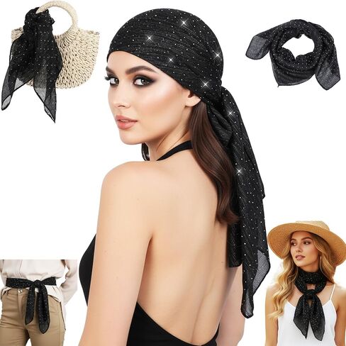 Lusofie Rhinestone Head Scarf For Women Black Head Scarf Sparkly Rhinestone Bandana Glitter Hair Wrap Scarfs in Saudi Arabia