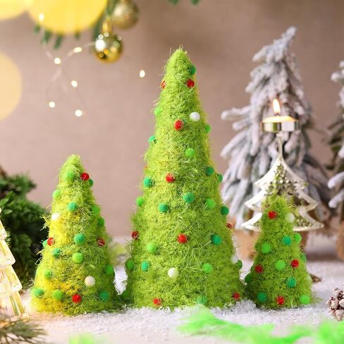 3 قطع من زينة طاولة عيد الميلاد باللون الأخضر الليموني والفروي لشجرة عيد الميلاد قطعة مركزية من الفرو الصناعي المخملي المنفوش سطح مخروطي علامات طاولة ديكور حفلات عيد الميلاد (أخضر، مقاسات متعددة) in Saudi Arabia