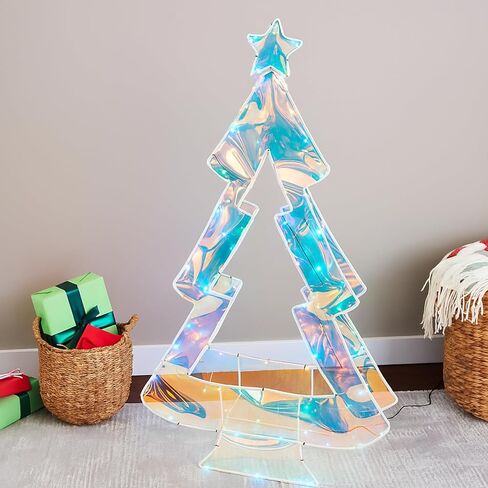 Sumind Iridescent Christmas Tree Iridescent Christmas Decor 15.75 Inch Holographic Desktop Xmas Tree with LED Lights Colorful Glow Lights Prismatic Xmas Decoration Indoor for Table Top Mantle Shelf in Saudi Arabia