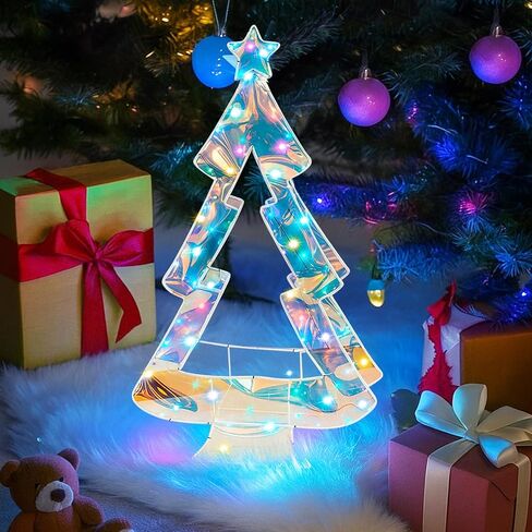 Sumind Iridescent Christmas Tree Iridescent Christmas Decor 15.75 Inch Holographic Desktop Xmas Tree with LED Lights Colorful Glow Lights Prismatic Xmas Decoration Indoor for Table Top Mantle Shelf in Saudi Arabia