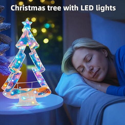 Sumind Iridescent Christmas Tree Iridescent Christmas Decor 15.75 Inch Holographic Desktop Xmas Tree with LED Lights Colorful Glow Lights Prismatic Xmas Decoration Indoor for Table Top Mantle Shelf in Saudi Arabia