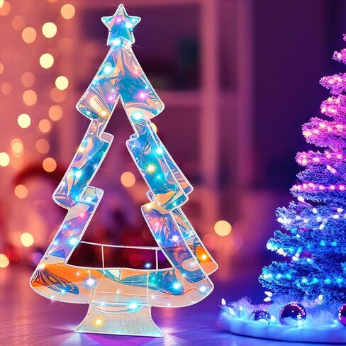 Sumind Iridescent Christmas Tree Iridescent Christmas Decor 15.75 Inch Holographic Desktop Xmas Tree with LED Lights Colorful Glow Lights Prismatic Xmas Decoration Indoor for Table Top Mantle Shelf in Saudi Arabia