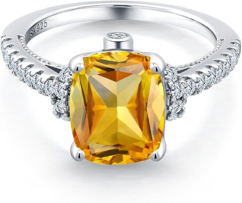 Gem Stone King 3.25 Cttw Yellow Citrine and White Created Sapphire Ring For Women | 925 Sterling Silver | Cushion 10X8MM | Gemstone Birthstone | Wedding Engagement Anniversary Promise Ring in Saudi Arabia
