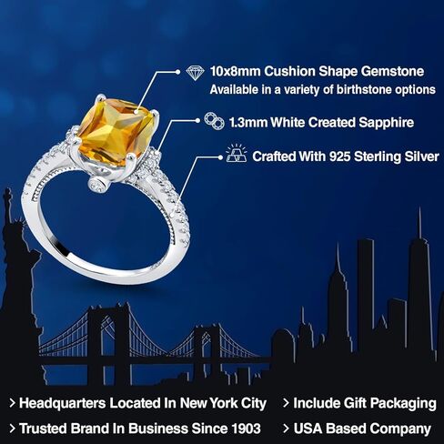 Gem Stone King 3.25 Cttw Yellow Citrine and White Created Sapphire Ring For Women | 925 Sterling Silver | Cushion 10X8MM | Gemstone Birthstone | Wedding Engagement Anniversary Promise Ring in Saudi Arabia