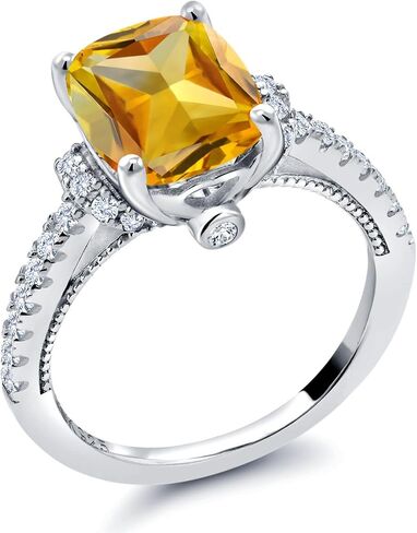 Gem Stone King 3.25 Cttw Yellow Citrine and White Created Sapphire Ring For Women | 925 Sterling Silver | Cushion 10X8MM | Gemstone Birthstone | Wedding Engagement Anniversary Promise Ring in Saudi Arabia