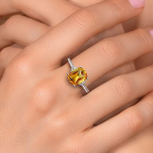 Gem Stone King 3.25 Cttw Yellow Citrine and White Created Sapphire Ring For Women | 925 Sterling Silver | Cushion 10X8MM | Gemstone Birthstone | Wedding Engagement Anniversary Promise Ring in Saudi Arabia