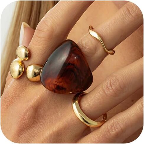 Vintage Statement Brown Resin Dome Chunky Gold Rings Stack for Women Trendy Funky Thick Huggie Open Knuckles Ring Set Non Tarnish Party Jewelry Gift in Saudi Arabia