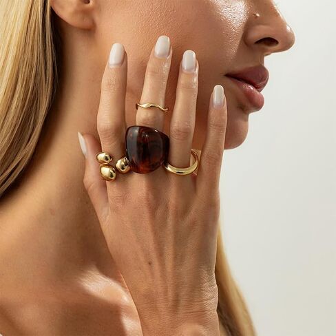 Vintage Statement Brown Resin Dome Chunky Gold Rings Stack for Women Trendy Funky Thick Huggie Open Knuckles Ring Set Non Tarnish Party Jewelry Gift in Saudi Arabia
