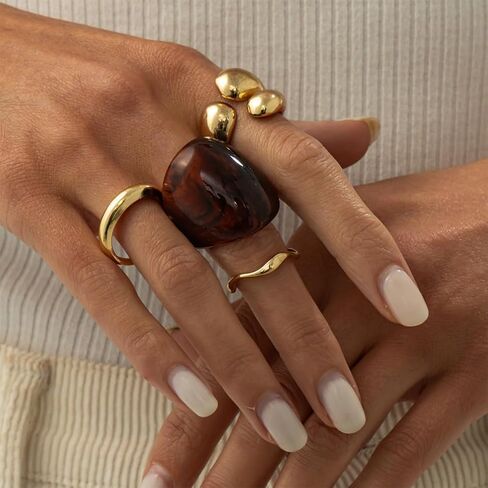 Vintage Statement Brown Resin Dome Chunky Gold Rings Stack for Women Trendy Funky Thick Huggie Open Knuckles Ring Set Non Tarnish Party Jewelry Gift in Saudi Arabia