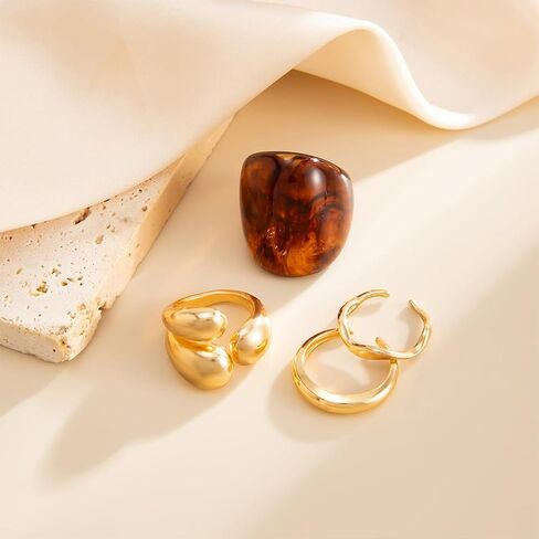 Vintage Statement Brown Resin Dome Chunky Gold Rings Stack for Women Trendy Funky Thick Huggie Open Knuckles Ring Set Non Tarnish Party Jewelry Gift in Saudi Arabia