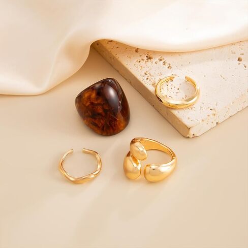 Vintage Statement Brown Resin Dome Chunky Gold Rings Stack for Women Trendy Funky Thick Huggie Open Knuckles Ring Set Non Tarnish Party Jewelry Gift in Saudi Arabia