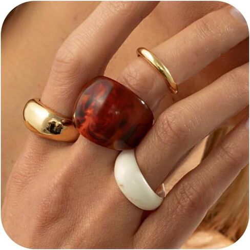 Vintage Statement Brown Resin Dome Chunky Gold Rings Stack for Women Trendy Funky Thick Huggie Open Knuckles Ring Set Non Tarnish Party Jewelry Gift in Saudi Arabia