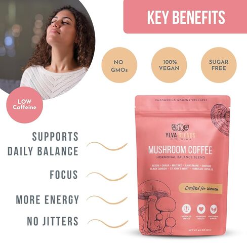 Ylva Blends Hormonal Balance Mushroom Coffee for Women – Instant Mushroom Coffee – Daily Wellness & Hormone Harmony for Perimenopause & Menopause – 5 Adaptogenic Mushrooms, Black Cohosh & L-Theanine – 36 Servings in Saudi Arabia
