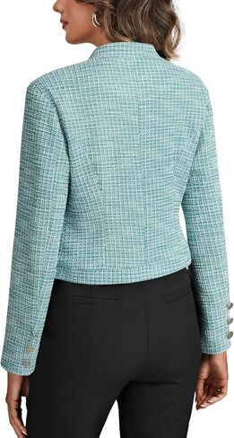 Women Fall Tweed Plaid Open Front Stand Collar Cropped Blazer Work Office Suit Jacket in Saudi Arabia