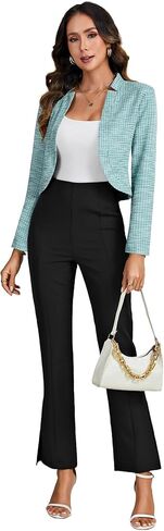 Women Fall Tweed Plaid Open Front Stand Collar Cropped Blazer Work Office Suit Jacket in Saudi Arabia