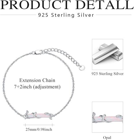 Bar Bracelet for Women,S925 Sterling Silver White Opal Bar Bracelet with Leaf Charm Opal Jewelry Gift for Mom Daughter Wife 7+2IN in Saudi Arabia