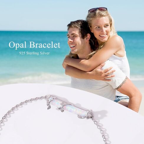 Bar Bracelet for Women,S925 Sterling Silver White Opal Bar Bracelet with Leaf Charm Opal Jewelry Gift for Mom Daughter Wife 7+2IN in Saudi Arabia