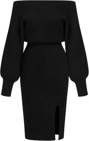CIDER Off Shoulder Knit Dress Women's Elegant Bodycon Slit Midi Dress in Saudi Arabia