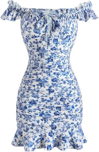 فستان نسائي قصير مكشوف الكتفين مزين بالورود من Boho Ruched Bodycon مكشكش فستان الشمس على الشاطئ ملابس العطلات in Kuwait