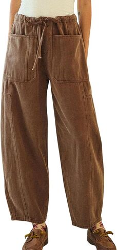 InterNos Women's Trendy Barrel Pants Wide Leg Mid Waisted Trousers Adjustable Drawstring Baggy Pants with Pockets in Saudi Arabia