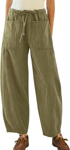 InterNos Women's Trendy Barrel Pants Wide Leg Mid Waisted Trousers Adjustable Drawstring Baggy Pants with Pockets in Saudi Arabia
