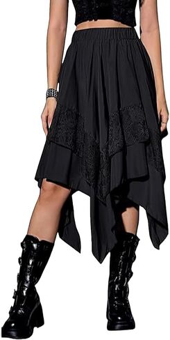 PEHMEA Women's Renaissance Skirt Fairy Flowy High Low Hem with Lace Layered Tiered Gothic Y2K Boho Skirts for Party Consume in Saudi Arabia