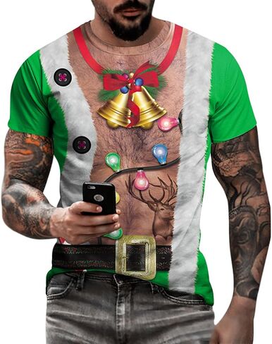 Eciodci Men's Ugly Christmas T-Shirts 3D Printed Xmas Lights Reindeer Tuxedo Holiday Funny Novelty Short Sleeve Shirt for Men in Saudi Arabia