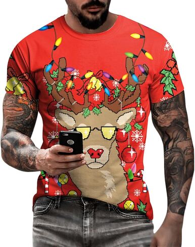 Eciodci Men's Ugly Christmas T-Shirts 3D Printed Xmas Lights Reindeer Tuxedo Holiday Funny Novelty Short Sleeve Shirt for Men in Saudi Arabia