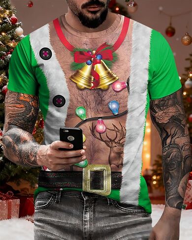 Eciodci Men's Ugly Christmas T-Shirts 3D Printed Xmas Lights Reindeer Tuxedo Holiday Funny Novelty Short Sleeve Shirt for Men in Saudi Arabia