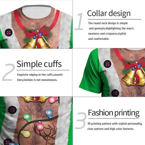 Eciodci Men's Ugly Christmas T-Shirts 3D Printed Xmas Lights Reindeer Tuxedo Holiday Funny Novelty Short Sleeve Shirt for Men in Saudi Arabia