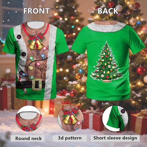 Eciodci Men's Ugly Christmas T-Shirts 3D Printed Xmas Lights Reindeer Tuxedo Holiday Funny Novelty Short Sleeve Shirt for Men in Saudi Arabia