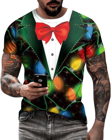 Eciodci Men's Ugly Christmas T-Shirts 3D Printed Xmas Lights Reindeer Tuxedo Holiday Funny Novelty Short Sleeve Shirt for Men in Saudi Arabia