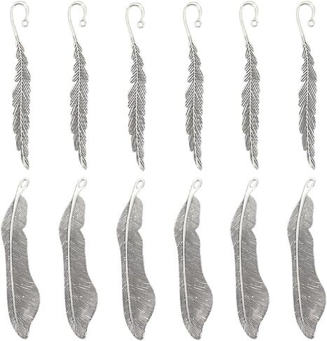 SUNNYCLUE 8Pcs Silver Feather Bookmarks Hook Bookmark Bulk Alloy Leaf Tibetan Style Gold Bronze Metal Book Mark with Loop Vintage Retro Bookmark Findings for Crafts Book Reading Teacher Student Gift in Saudi Arabia