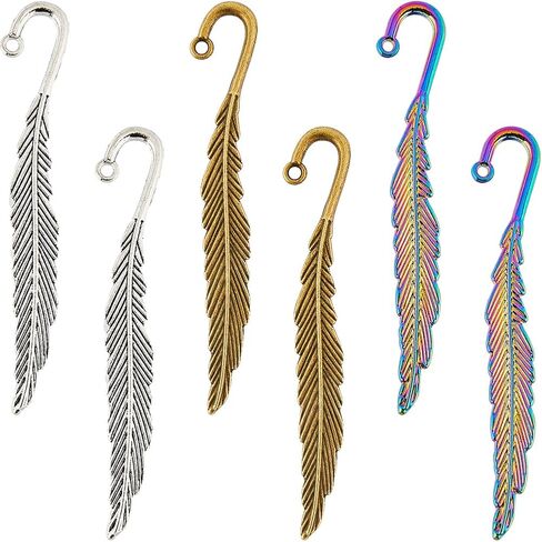 SUNNYCLUE 8Pcs Silver Feather Bookmarks Hook Bookmark Bulk Alloy Leaf Tibetan Style Gold Bronze Metal Book Mark with Loop Vintage Retro Bookmark Findings for Crafts Book Reading Teacher Student Gift in Saudi Arabia