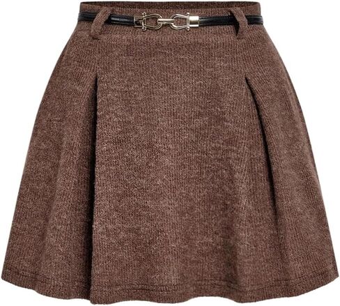 SHENHE Women's Fall Pleated Knit Skirt A Line High Waist Vintage Flare Short Skirt with Belt in Kuwait