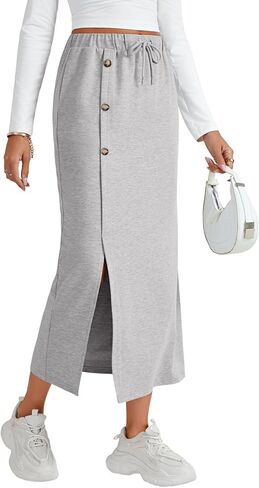 LYANER Women's Slit Drawstring High Waist Button Split Casual Midi Skirt with Pockets in Saudi Arabia
