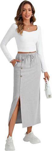 LYANER Women's Slit Drawstring High Waist Button Split Casual Midi Skirt with Pockets in Saudi Arabia