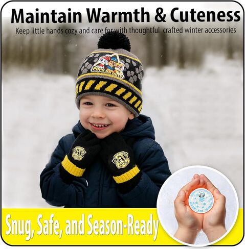 Nicklelodeon Paw Patrol Boy's Winter Hat and 2 Pair of Gloves or Mittens Set (Age 2-7) Size Age 4-7, Paw Patrol Black Glove with Handwarmers in Saudi Arabia