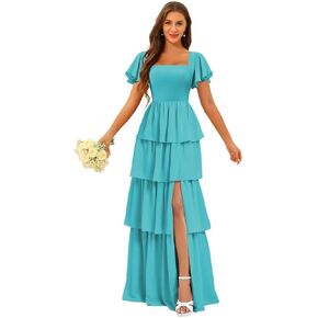 Tiered Chiffon Bridesmaid Dresses with Slit Short Sleeve Long Formal Party Dress WM001 in Kuwait