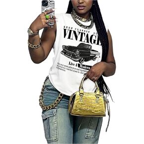 بلوزة نسائية صيفية بطبعة جرافيك عتيقة بدون أكمام ورقبة دائرية وملابس شارع in Kuwait