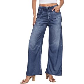 Wide Leg Jeans for Women Trendy Terry Look Like Denim High Wisted Stretchy Loose Baggy Denim Pants with Pockets in Saudi Arabia