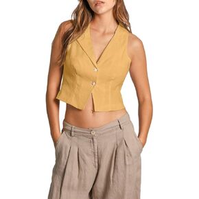 Amazhiyu Womens 100% Linen Summer Button Up Crop Top Lapel Waistcoat Vest Casual in Saudi Arabia