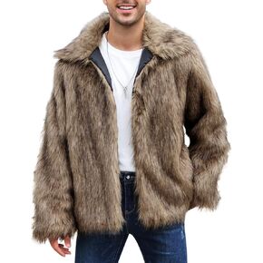 Kissonic Mens Faux Fur Coat Winter Warm Fur Jacket for Men Lapel Fluffy Furry Coats Outerwear in Saudi Arabia