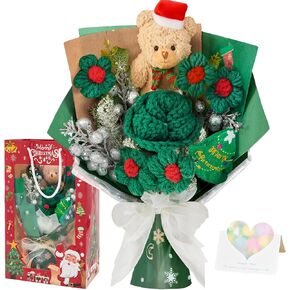 inhand Crochet Flowers Bouquet Christmas Decorations with Green Tree, Bear and Rose Poinsettias for Table Decor, Party Favors Funny for Women, Men,Wife,Mom,Teacher,Kids (Gift Cards and Bag) in Kuwait