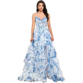 فستان حفلة موسيقية مكشكش بدون حمالات للنساء طويل الطبقات على شكل حرف A فساتين سهرة منتفخة مع فتحة in Kuwait