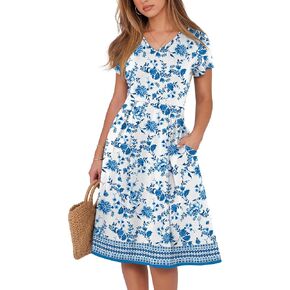 ANRABESS Women Summer Dress Casual Short Sleeve V Neck A-Line Knee Length Pleated Flowy 2025 Fashion Midi Dresses with Pocket in Kuwait