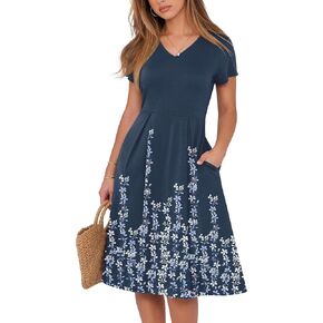 ANRABESS Women Summer Dress Casual Short Sleeve V Neck A-Line Knee Length Pleated Flowy 2025 Fashion Midi Dresses with Pocket in Kuwait